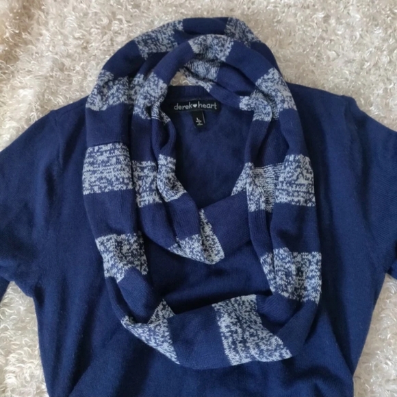 Women's Derek Heart Navy Blue Sweater with Patterned Infinity Scarf And Shirring - Picture 2 of 9